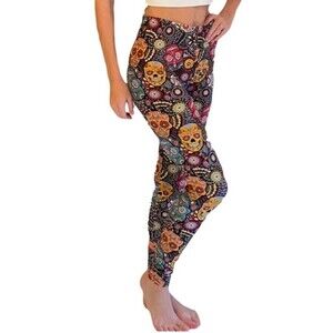 Reg One Size Women Buttery‎ Soft Multicolored Petal Sugar Skull Leggings